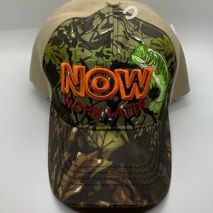 FISH NOW WORK LATER FISHING FISHERMAN BASS BASEBALL CAP HAT OLIVE GREEN & CAMO